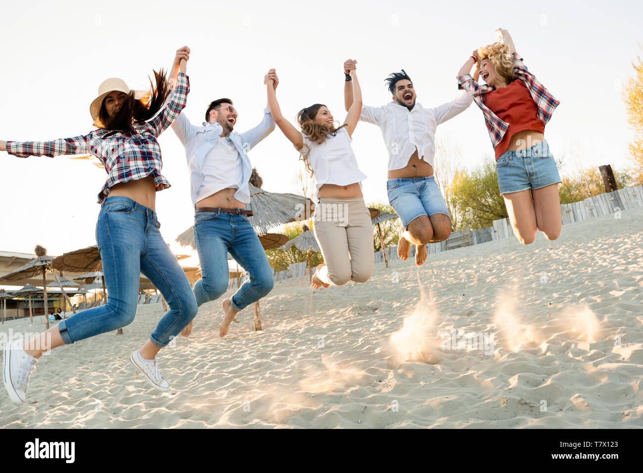Gruppo di amici sulla spiaggia divertendosi Foto Stock