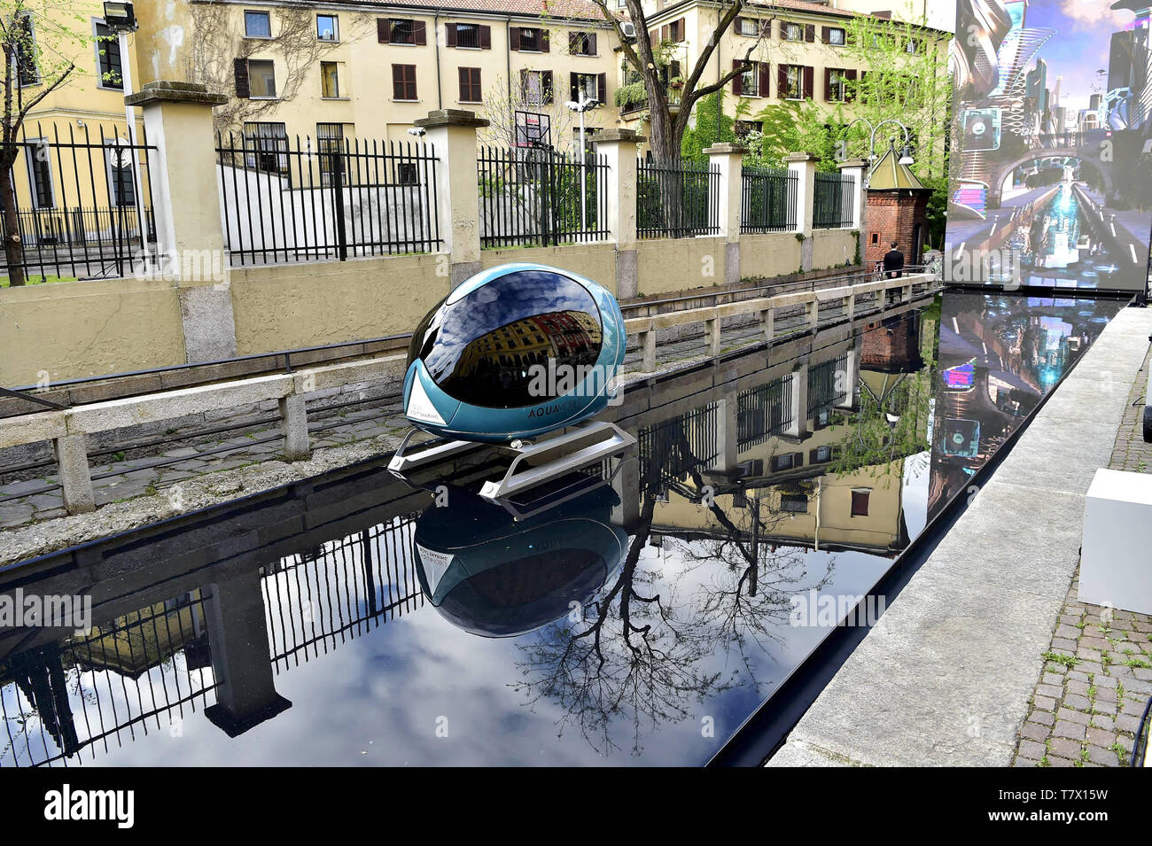 Inaugurazione dell'installazione di acqua da Martin Balich, dedicato a Leonardo da Vinci, per Fuori Salone del Mobile 2019 nella conca del Incoronata di Via San Marco a Milano, Italia. Dotato di: atmosfera Dove: Milano, Lombardia, Italia Quando: 05 Apr 2019 Credit: IPA/WENN.com * * disponibile solo per la pubblicazione in UK, USA, Germania, Austria, Svizzera** Foto Stock