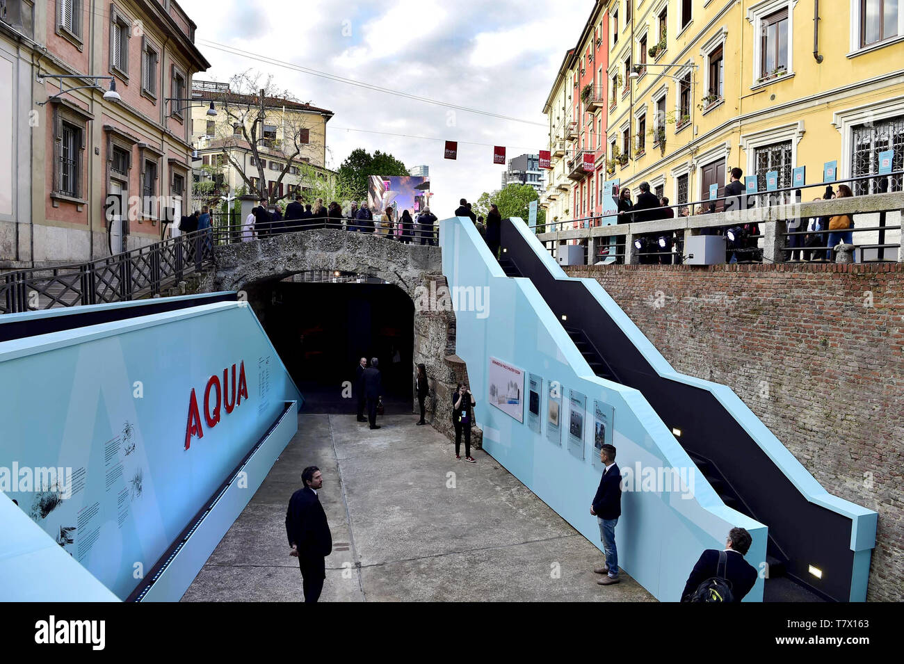 Inaugurazione dell'installazione di acqua da Martin Balich, dedicato a Leonardo da Vinci, per Fuori Salone del Mobile 2019 nella conca del Incoronata di Via San Marco a Milano, Italia. Dotato di: atmosfera Dove: Milano, Lombardia, Italia Quando: 05 Apr 2019 Credit: IPA/WENN.com * * disponibile solo per la pubblicazione in UK, USA, Germania, Austria, Svizzera** Foto Stock