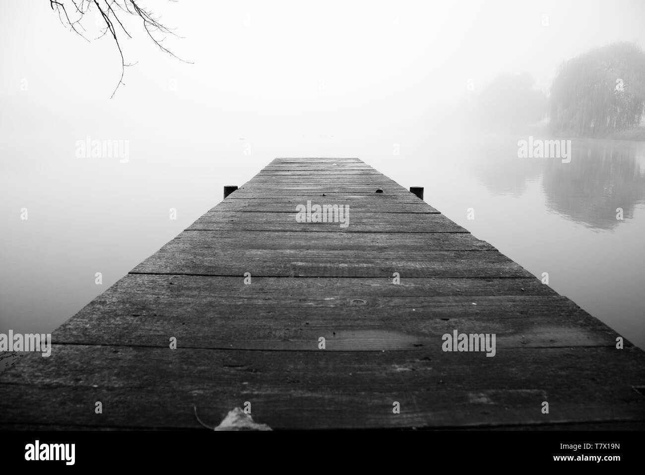 Un dock sul lago nella nebbia. L'acqua e il luogo sono circondati dal silenzio Foto Stock