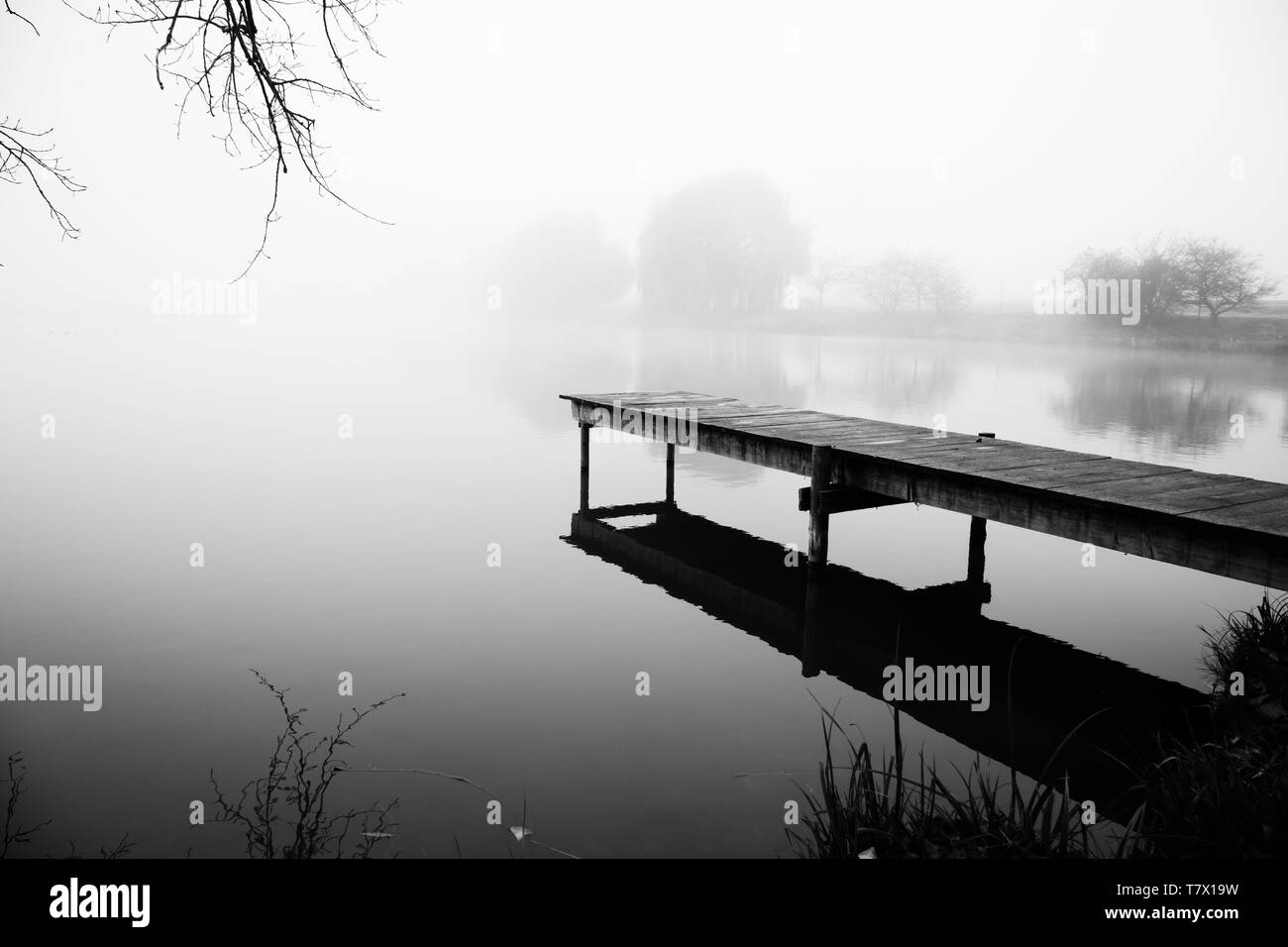 Un dock sul lago nella nebbia. L'acqua e il luogo sono circondati dal silenzio Foto Stock