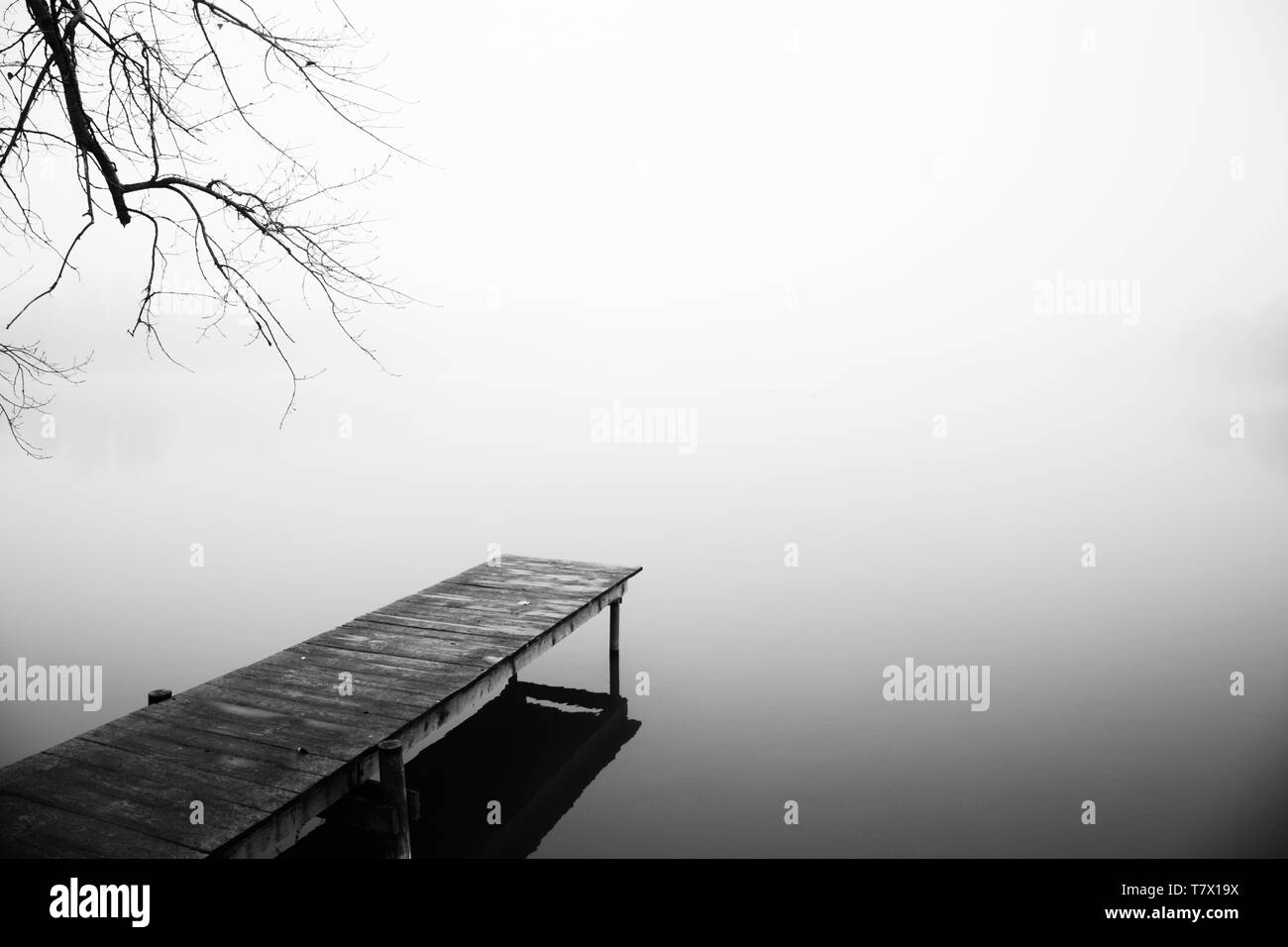 Un dock sul lago nella nebbia. L'acqua e il luogo sono circondati dal silenzio Foto Stock
