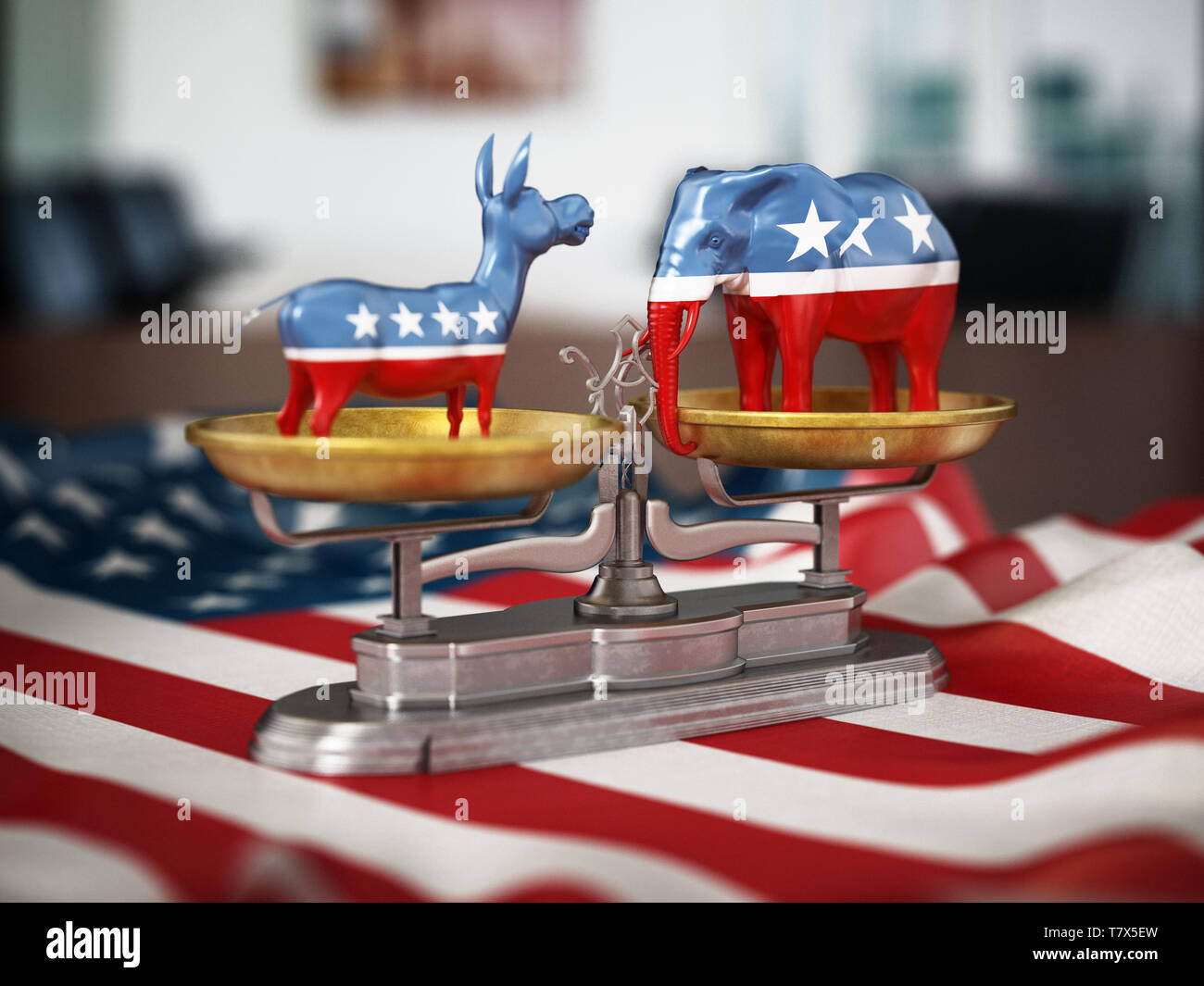 Repubblicani e democratici simboli politici elefante e asino sulla bandiera americana. 3D'illustrazione. Foto Stock