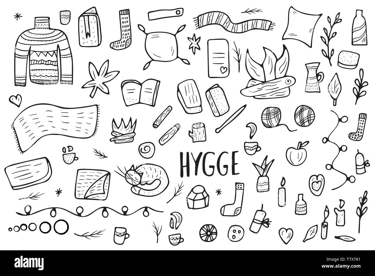 Raccolta Hygge di schizzo le cose. Vettore di simboli isolati di comfort in stile scarabocchio. Danese concetto vivente nel design in bianco e nero. Illustrazione Vettoriale