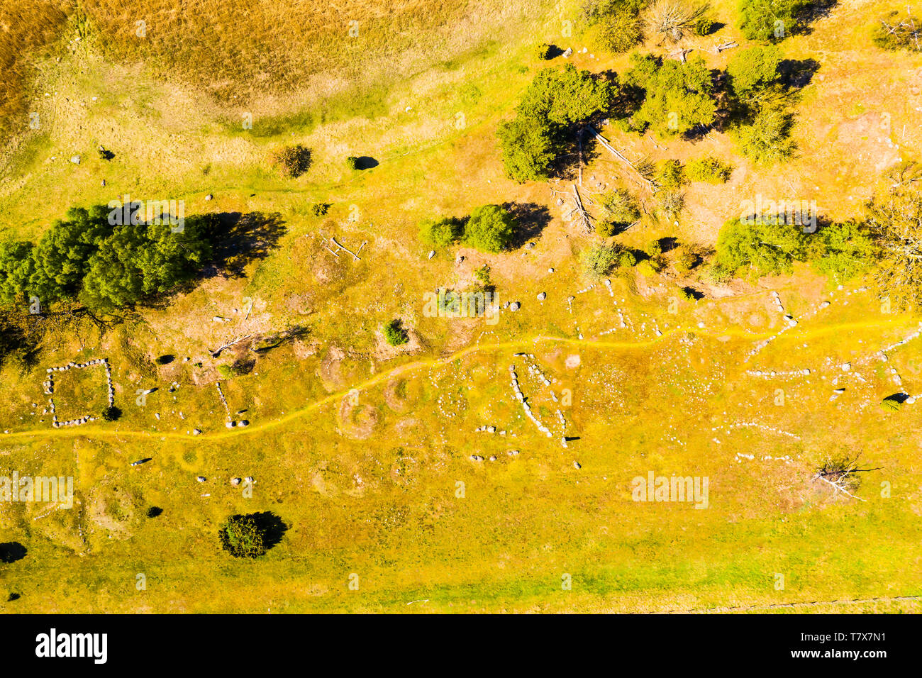 Vista dall'alto in basso della tomba preistorica campo a Hjortahammar in Blekinge, Svezia. Tumuli, pietra di navi e di altre formazioni visibili sul terreno. Hiki Foto Stock