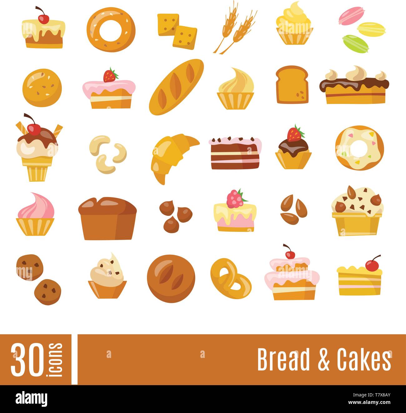 Grande set di vettore di pane e dolci icone. Illustrazione Vettoriale