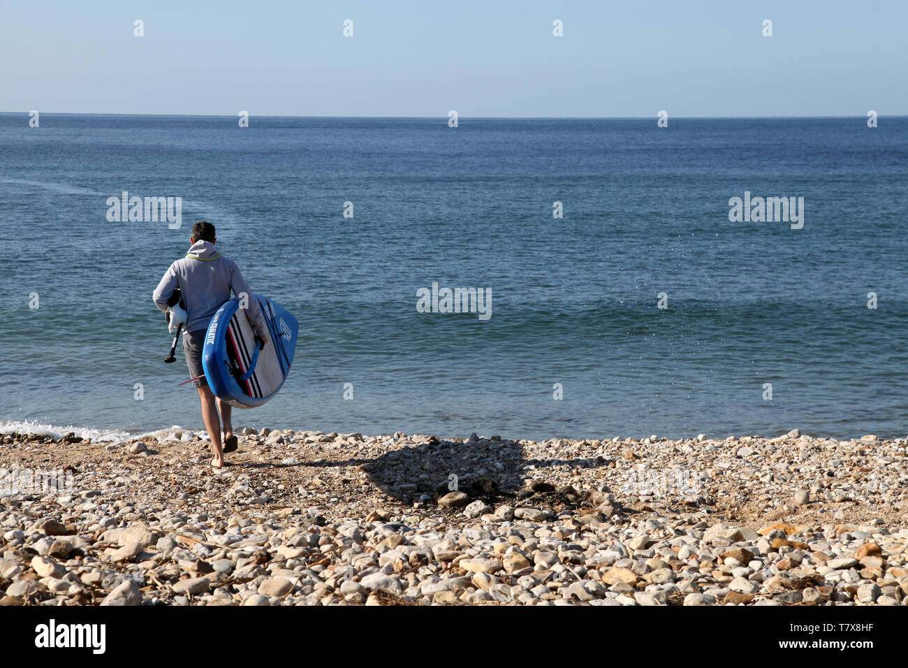 Charmouth Beach, Dorset, UK - Vista posteriore del giovane uomo che esce in mare con tavola da paddle e un cane sotto braccio con spazio per la copia Foto Stock