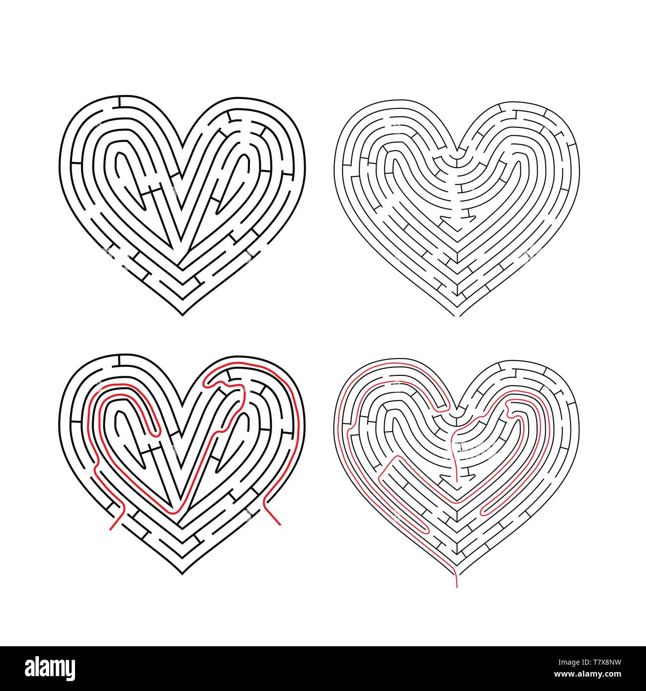 Due complessi labirinti in forma di cuore, labirinti con percorso rosso solutions isolato su bianco Illustrazione Vettoriale