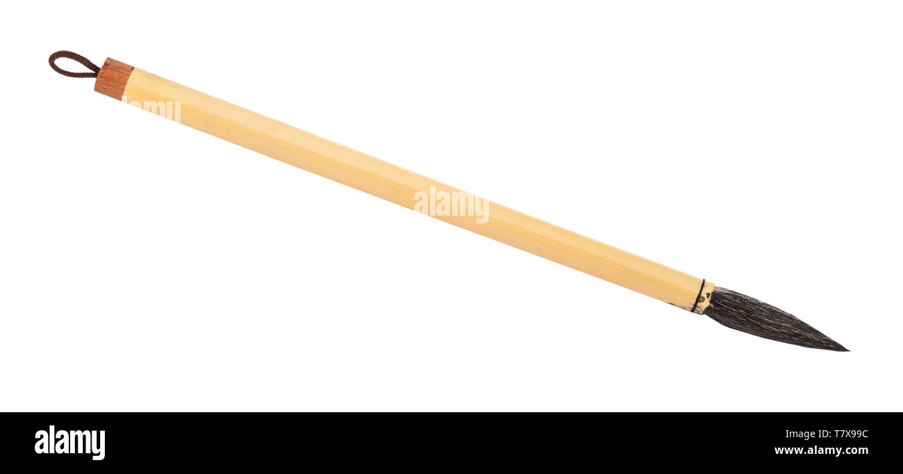 Pennello di bambù con colorati di nero round pelo di capra punta per sumi-e ( suibokuga) pittura e calligrafia isolati su sfondo bianco Foto Stock