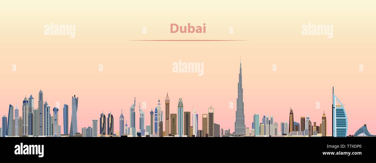 Illustrazione vettoriale di Dubai skyline della città di sunrise Illustrazione Vettoriale