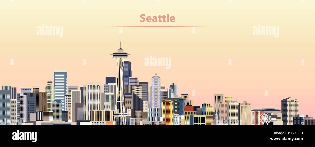 Illustrazione vettoriale di Seattle skyline della città di sunrise Illustrazione Vettoriale