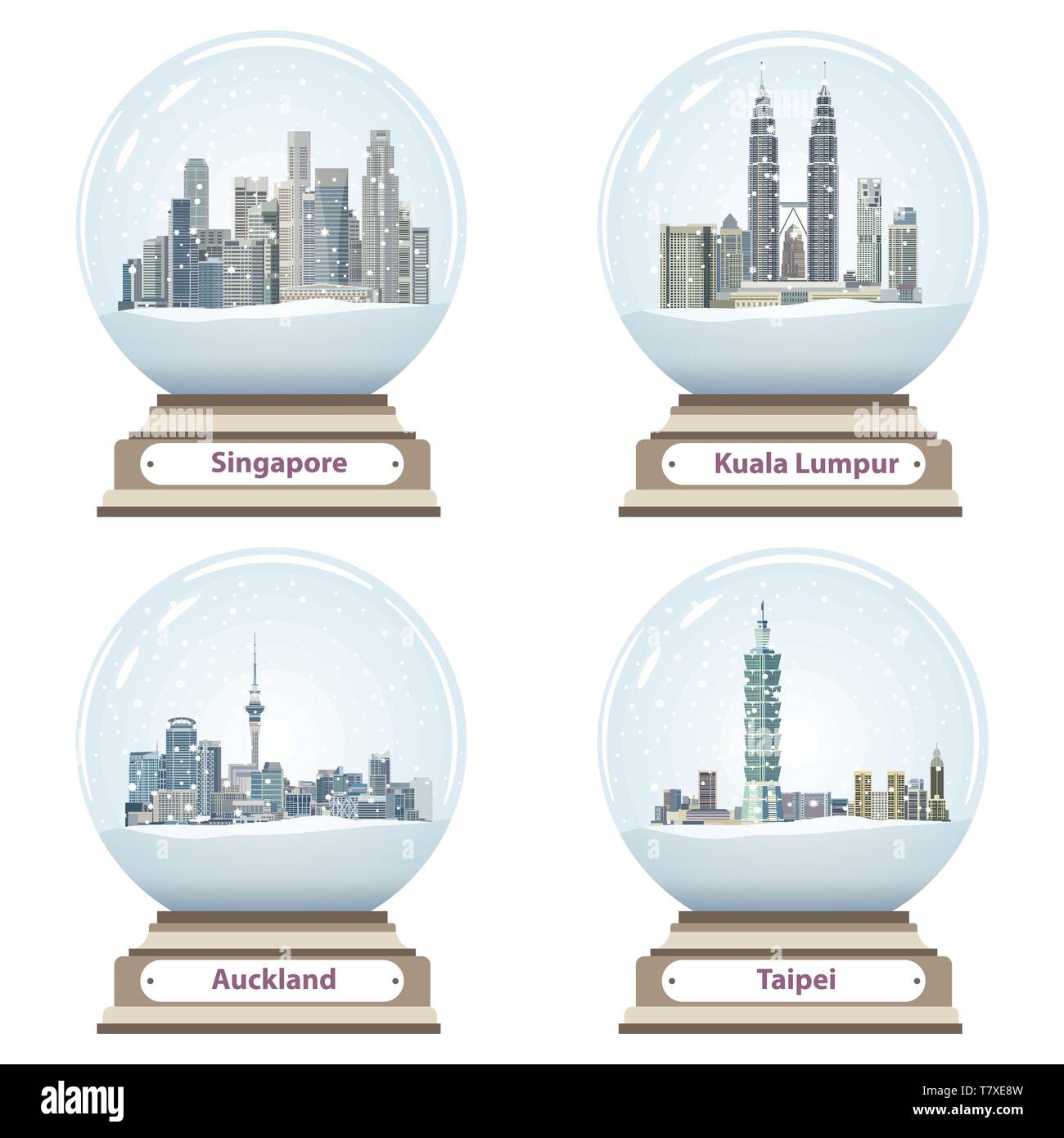 Vettore collezione di globi di neve con Singapore, Kuala Lumpur, Auckland e Taipei dello skyline della citta' Illustrazione Vettoriale