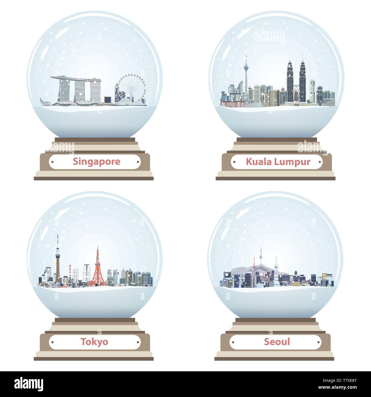 Collezione di globi di neve con Singapore, Kuala Lumpur, Tokyo e Seoul dello skyline della citta' Illustrazione Vettoriale