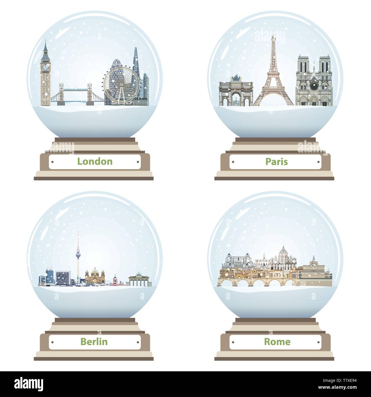 Vettore globi di neve con Londra, Parigi e Berlino e Roma dello skyline della citta' all'interno Illustrazione Vettoriale