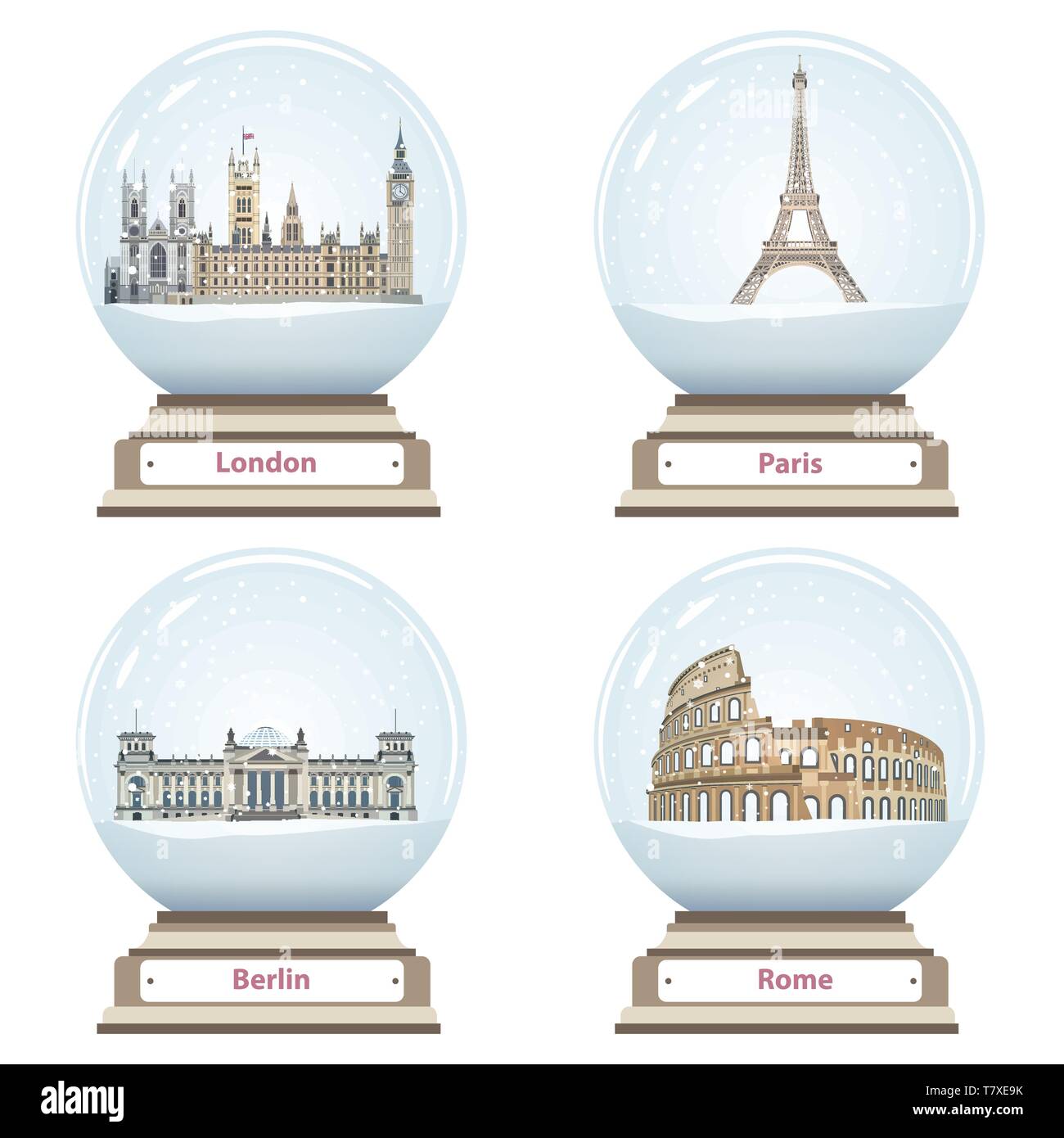 Vettore globi di neve con Londra, Parigi e Berlino e Roma i punti di riferimento interno Illustrazione Vettoriale
