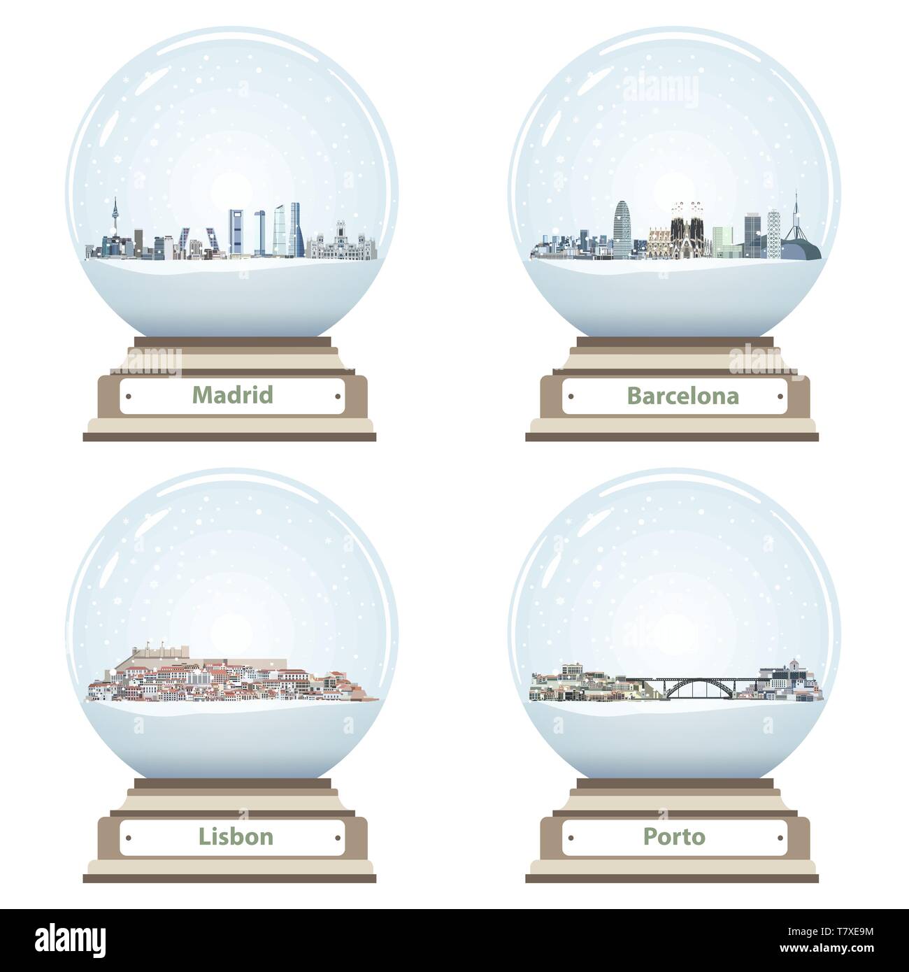 Vettore globi di neve con Madrid e Barcellona, Lisbona e Porto abstract dello skyline della citta' all'interno Illustrazione Vettoriale