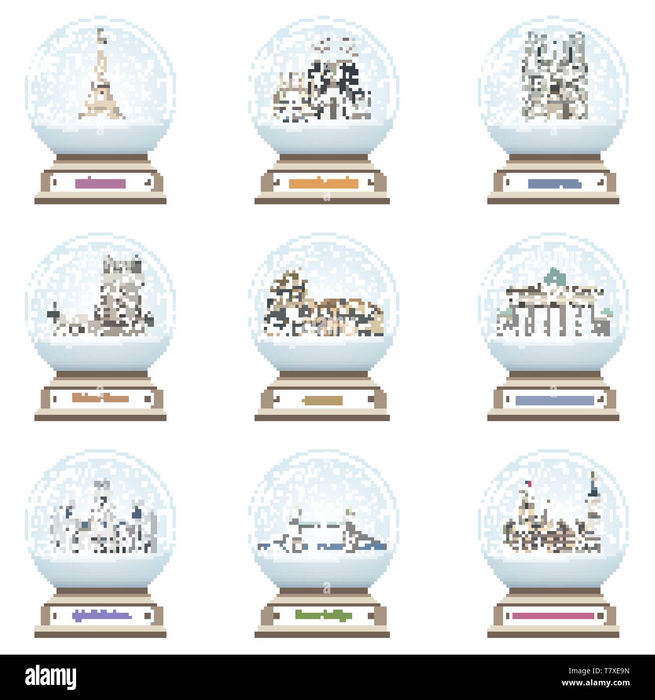 Vettore globi di neve con punti di riferimento europeo icone all'interno Illustrazione Vettoriale