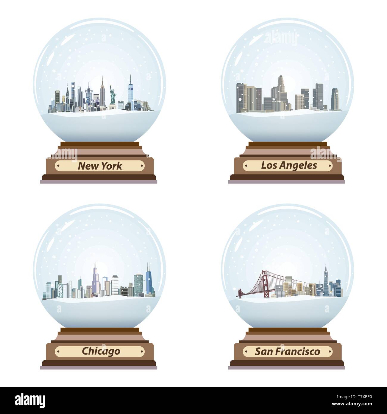 Set di vettore di globi di neve con Stati Uniti dello skyline della citta' all'interno Illustrazione Vettoriale