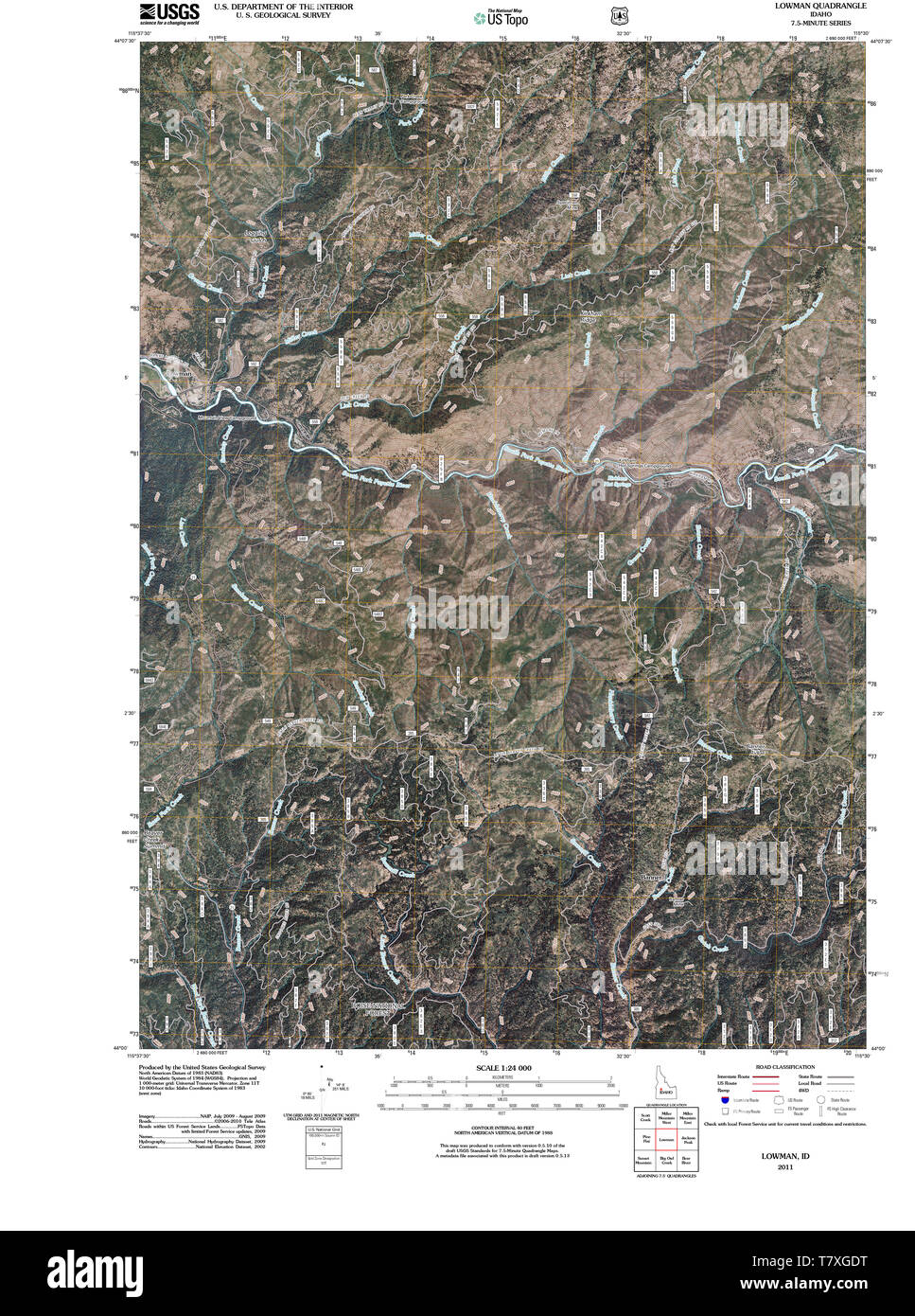 USGS TOPO Map Idaho ID 20110114 Lowman TM il restauro Foto Stock