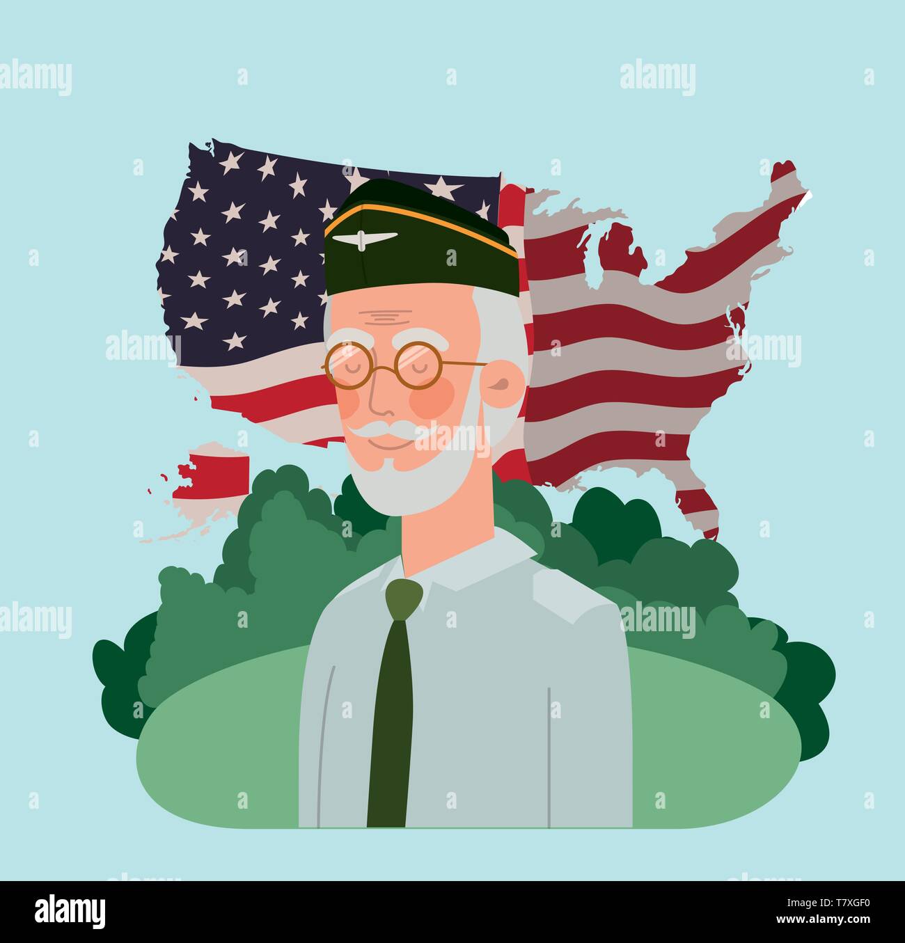 Veterano uomo militare con la bandiera degli Stati Uniti e la mappa nel campo Illustrazione Vettoriale
