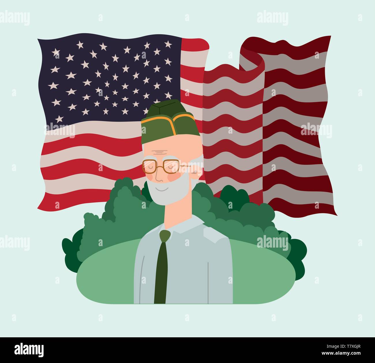 Veterano uomo militare con la bandiera degli Stati Uniti nel campo Illustrazione Vettoriale