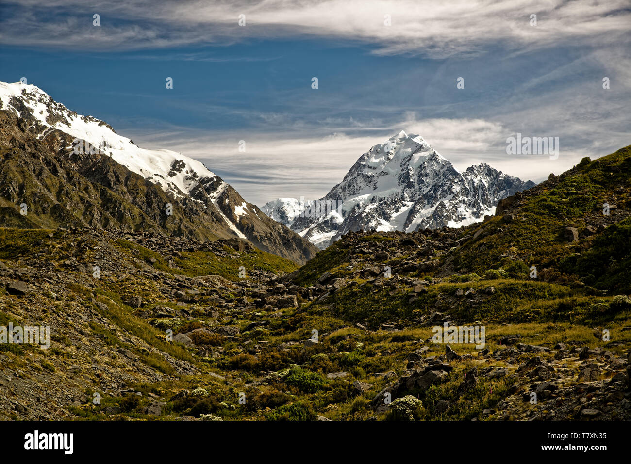 Il paesaggio della Nuova Zelanda - Mt. Cuocere, Aoraki in lingua Maori, Alpi del Sud, Sud Isola, bellissimo scenario di montagna. Foto Stock
