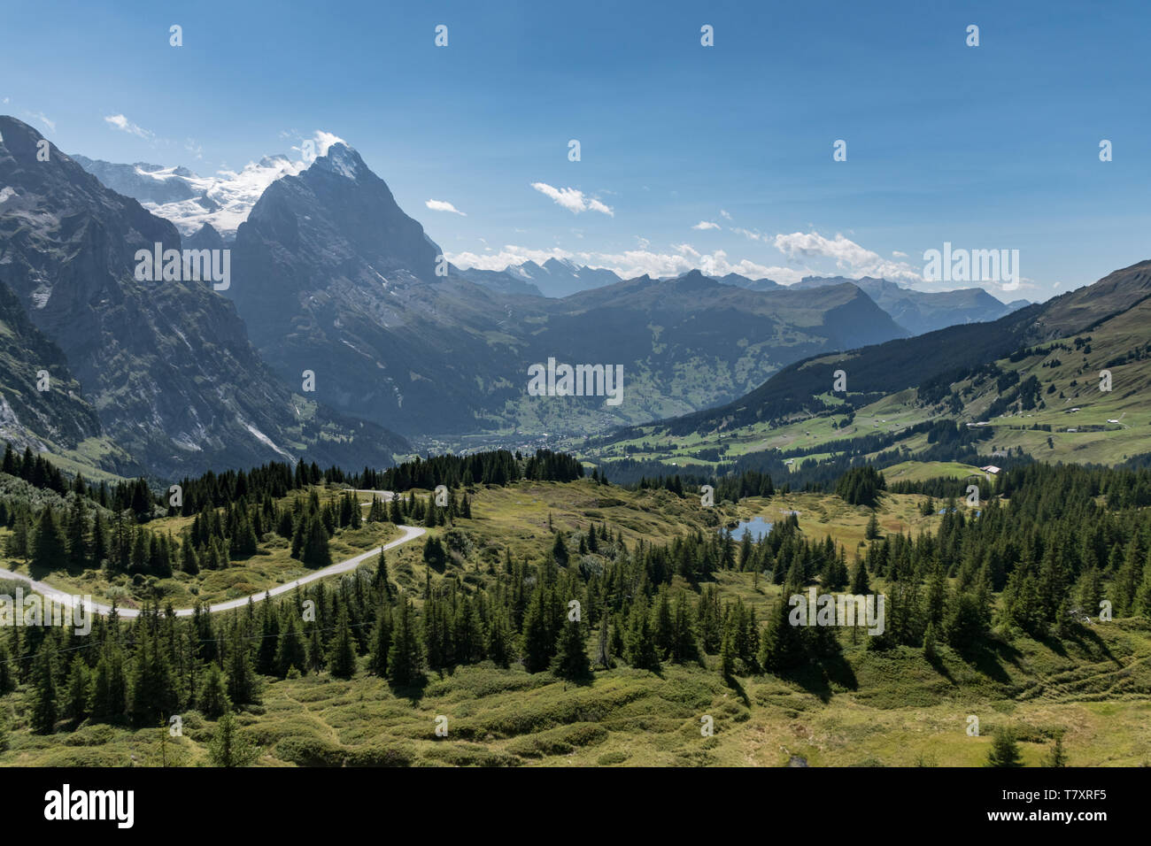 Vista da Grosse Scheidegg a Grindelwald valley, alpi svizzere, con picco di Eiger visibile nelle nuvole, e una strada girare, il lago e la foresta di tipo sparse in me Foto Stock