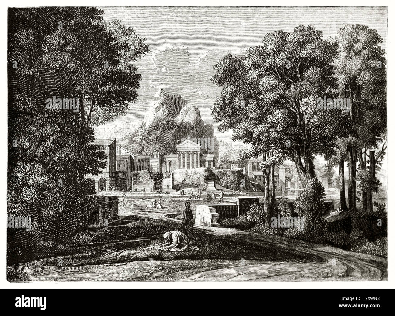 Riproduzione di quadro raffigurante Phocion vedova di raccogliere le sue ceneri in legno scuro con una classica città lontano sullo sfondo. Dopo Poussin publ. su Magasin pittoresco Parigi 1848 Foto Stock