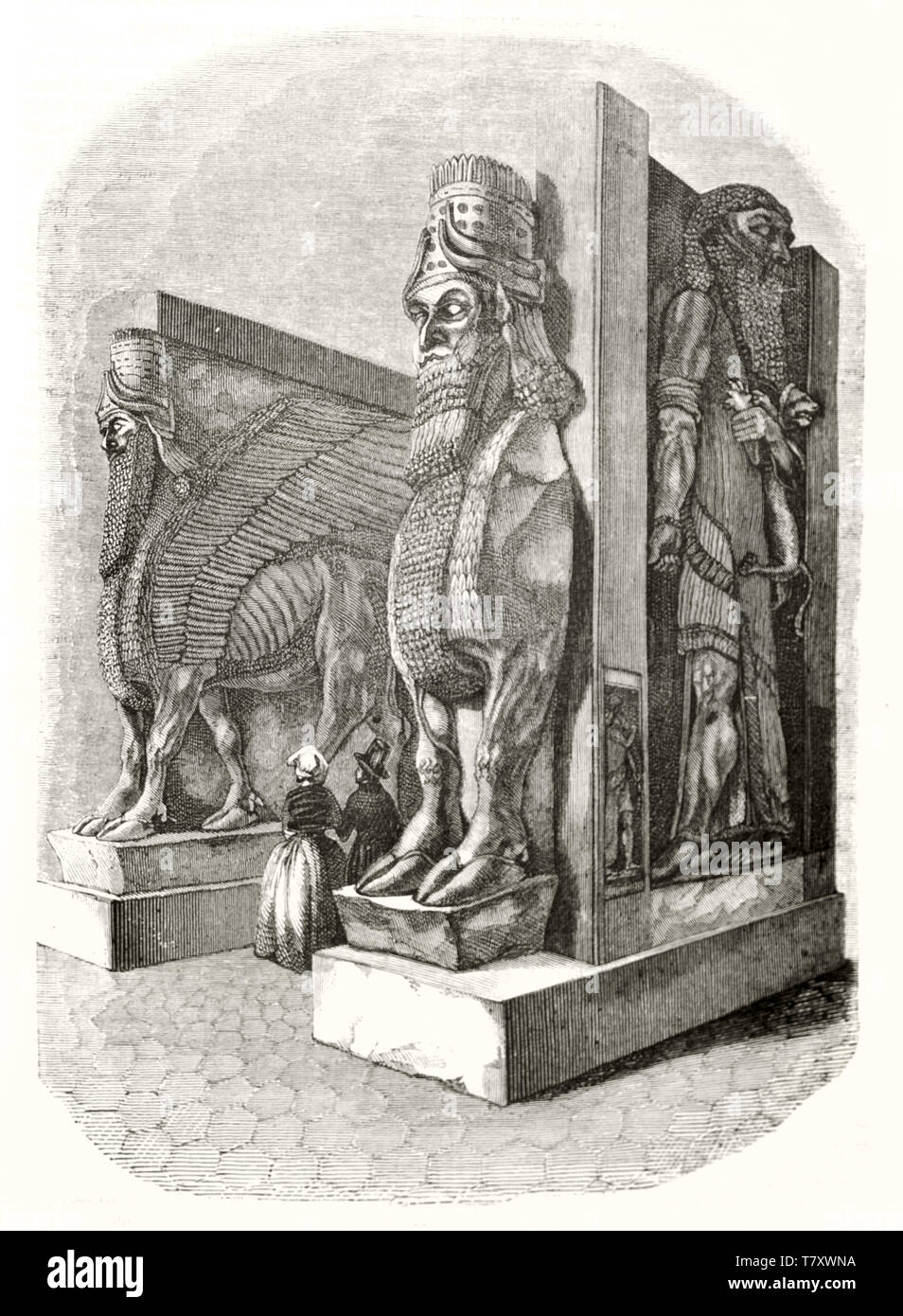 Dettaglio delle statue assire nella sala Assira nel museo del Louvre di Parigi. Attacco in toni di grigio con bordi sfumati. Da Marvy e Gauchard publ. su Magasin pittoresco Parigi 1848 Foto Stock