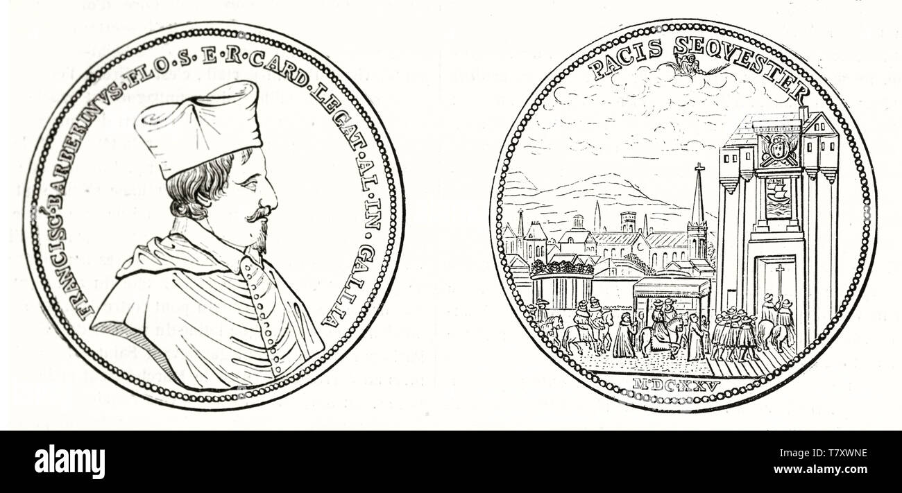 Vista anteriore e posteriore del francese antico medaglia d argento dedicata al cardinale Francesco Barberini. Isolato elemento delineato su sfondo bianco. Da autore non identificato publ. su Magasin pittoresco Parigi 1848 Foto Stock