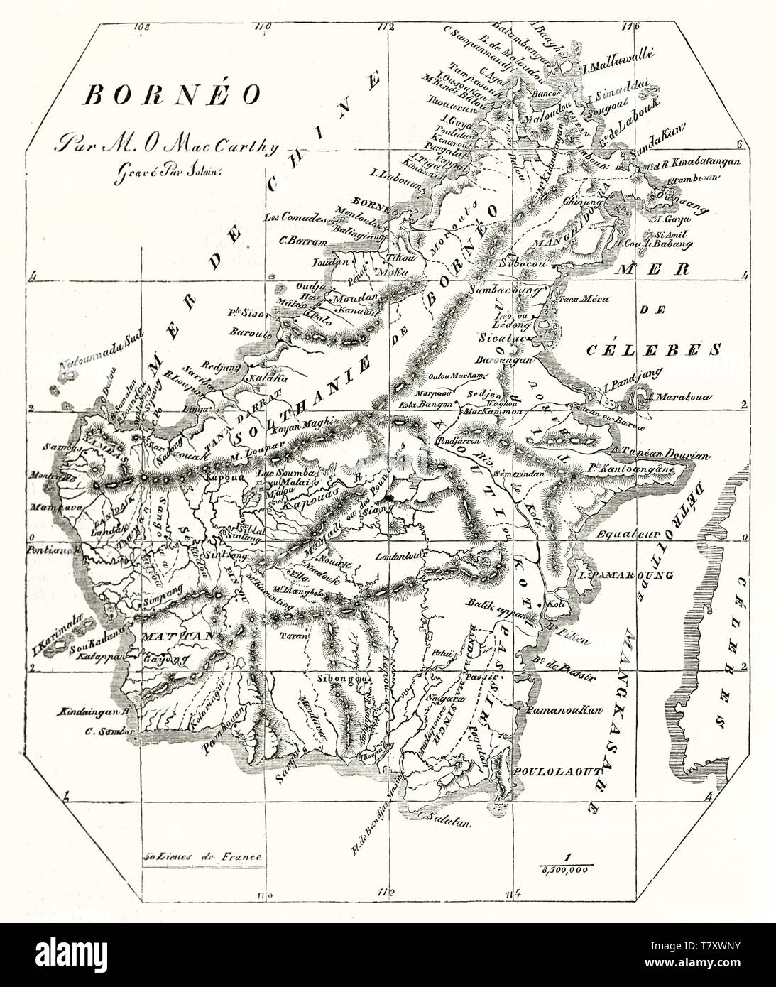 Mappa vecchia del Borneo isola su un antico leggermente ingiallito carta. Da autore non identificato publ. su Magasin pittoresco Parigi 1848 Foto Stock