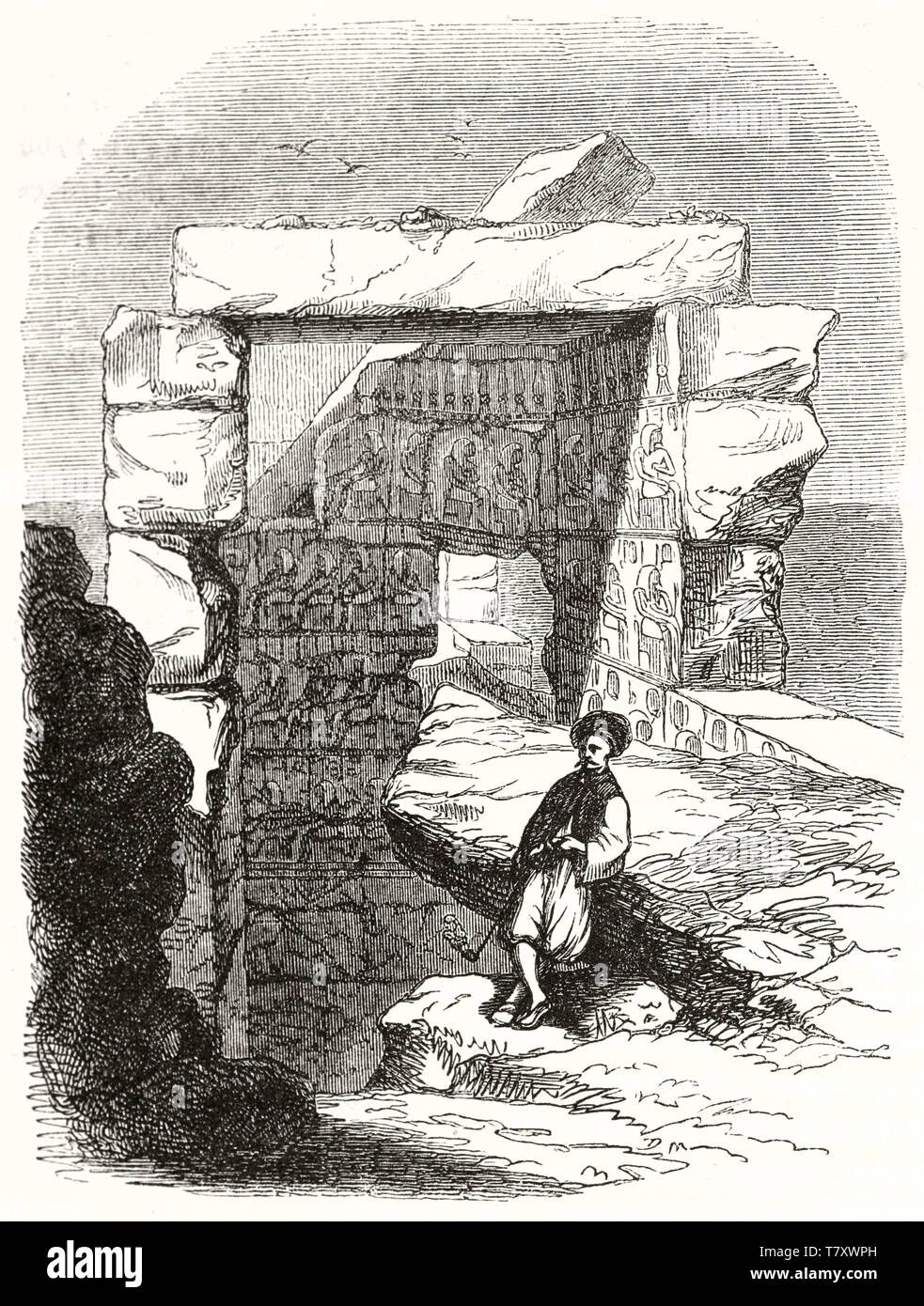 Le antiche rovine della Camera degli antenati Karnac Egitto, raffigurato in una ruvida in toni di grigio illustrazione incisione incorniciata dai bordi di fuga. Da Quichon e Barry publ. su Magasin pittoresco Parigi 1848 Foto Stock