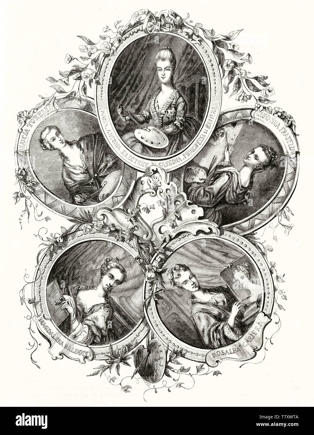 Cinque autoritratti di pittori femmina, ciascuno in una cornice ovale. Tutta la composizione è cerchio disposto e isolato su sfondo bianco. Publ. su Magasin pittoresco Parigi 1848 Foto Stock