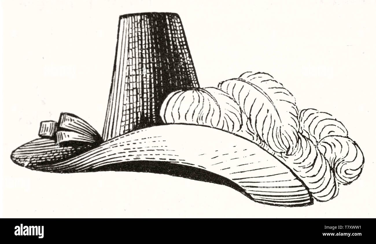 Bianco e nero singolo isolato francesi del XVII secolo il cappello con un piumaggio di colore bianco sulla parte superiore. Da autore non identificato publ. su Magasin pittoresco Parigi 1848 Foto Stock