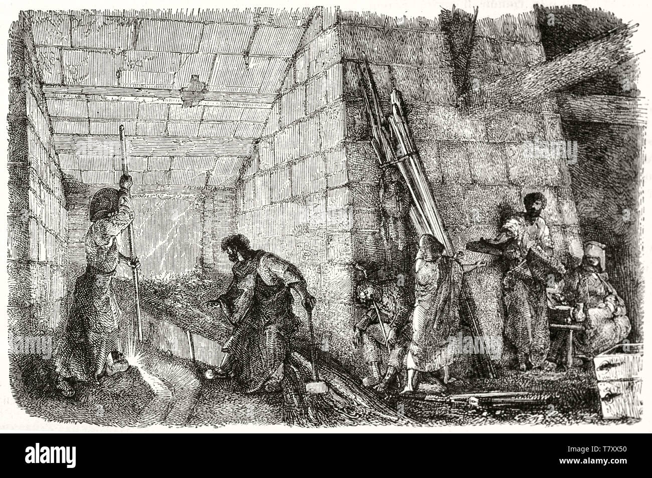 Vecchia immagine raffigurante la ghisa colata. Gli uomini lavorando duro in un caldo foundery. Scala di grigi di vecchio stile di attacco illustrazione di autore non identificato publ. su Magasin pittoresco Parigi 1848 Foto Stock