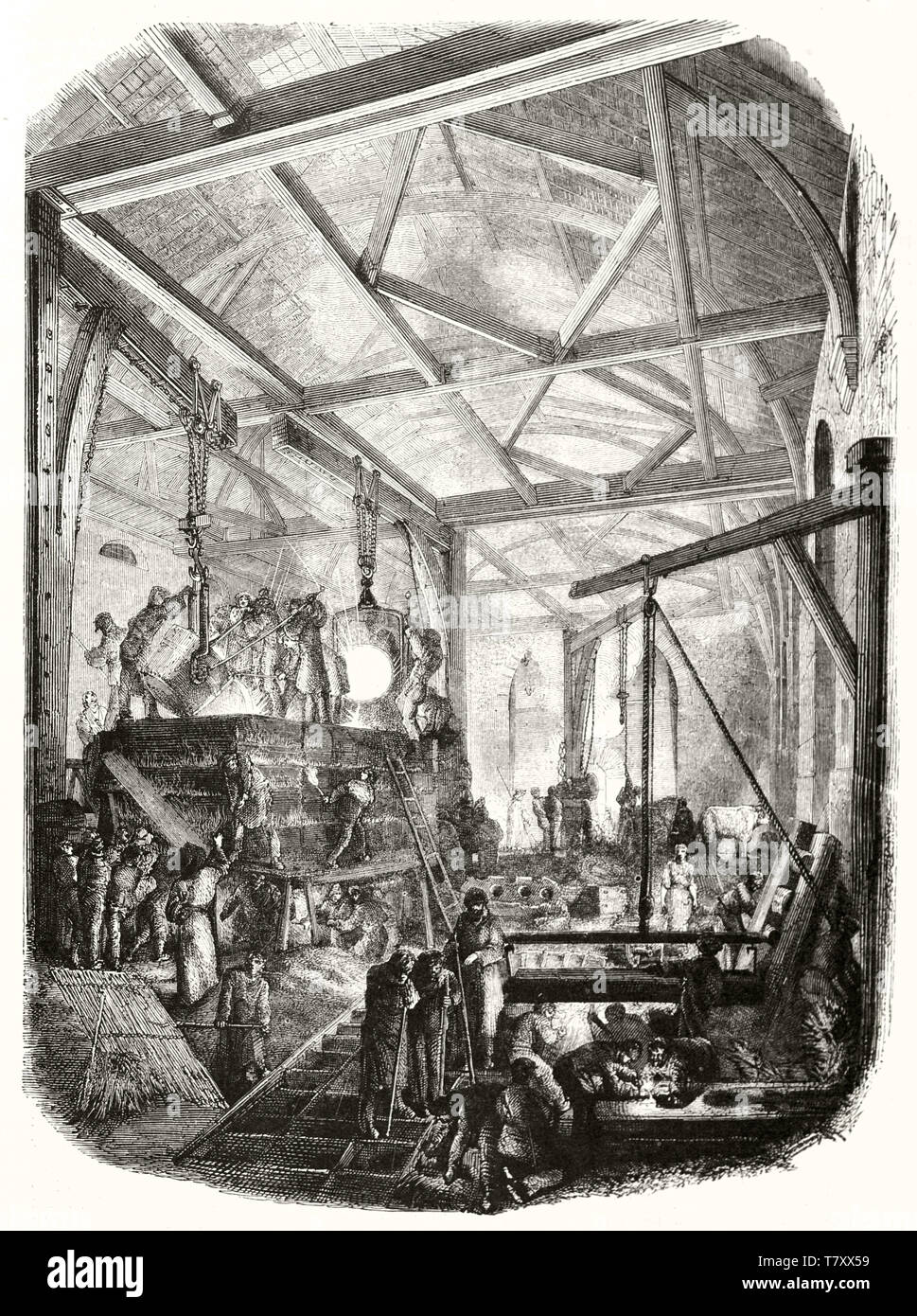 Vista generale di un antico caldo alta fonderia e lavoratori in esso. Da autore non identificato publ. su Magasin pittoresco Parigi 1848 Foto Stock