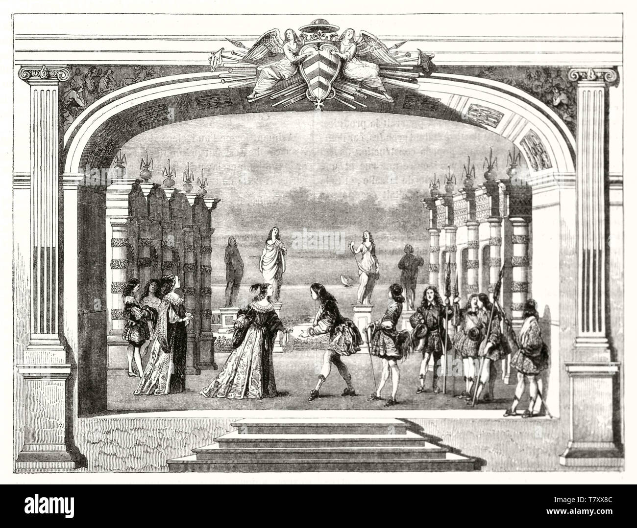 Antica attori che interpretano in scena la rappresentazione teatrale di Mirame tragedia scritta dal Cardinale Richelieu. Illustrazione dopo la Belle publ. su Magasin pittoresco Parigi 1848 Foto Stock