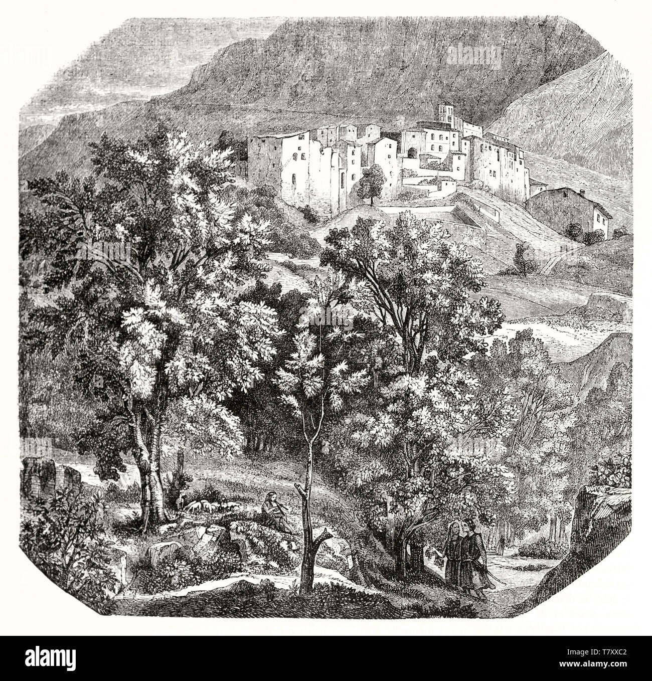 Antica squadrato stile di attacco illustrazione. Vecchio vista di Papigno, Little stone borgo medievale sulla cima di una collina surroundedby la natura, Italia. Da Bellel publ. su Magasin pittoresco Parigi 1848 Foto Stock