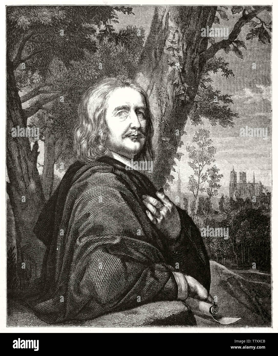 Antico vecchio uomo che pongono la metà busto all'aperto in natura. Riproduzione di un vecchio Self-portrait da Philippèe de Champaigne ((1602 - 1674). Publ. su Magasin pittoresco Parigi 1848 Foto Stock