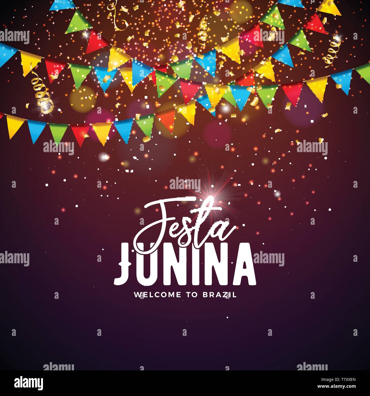 Festa Junina illustrazione con bandiere di partito e la tipografia lettera su sfondo di confetti. Vector Brasile giugno festa Design per invito o vacanza Illustrazione Vettoriale