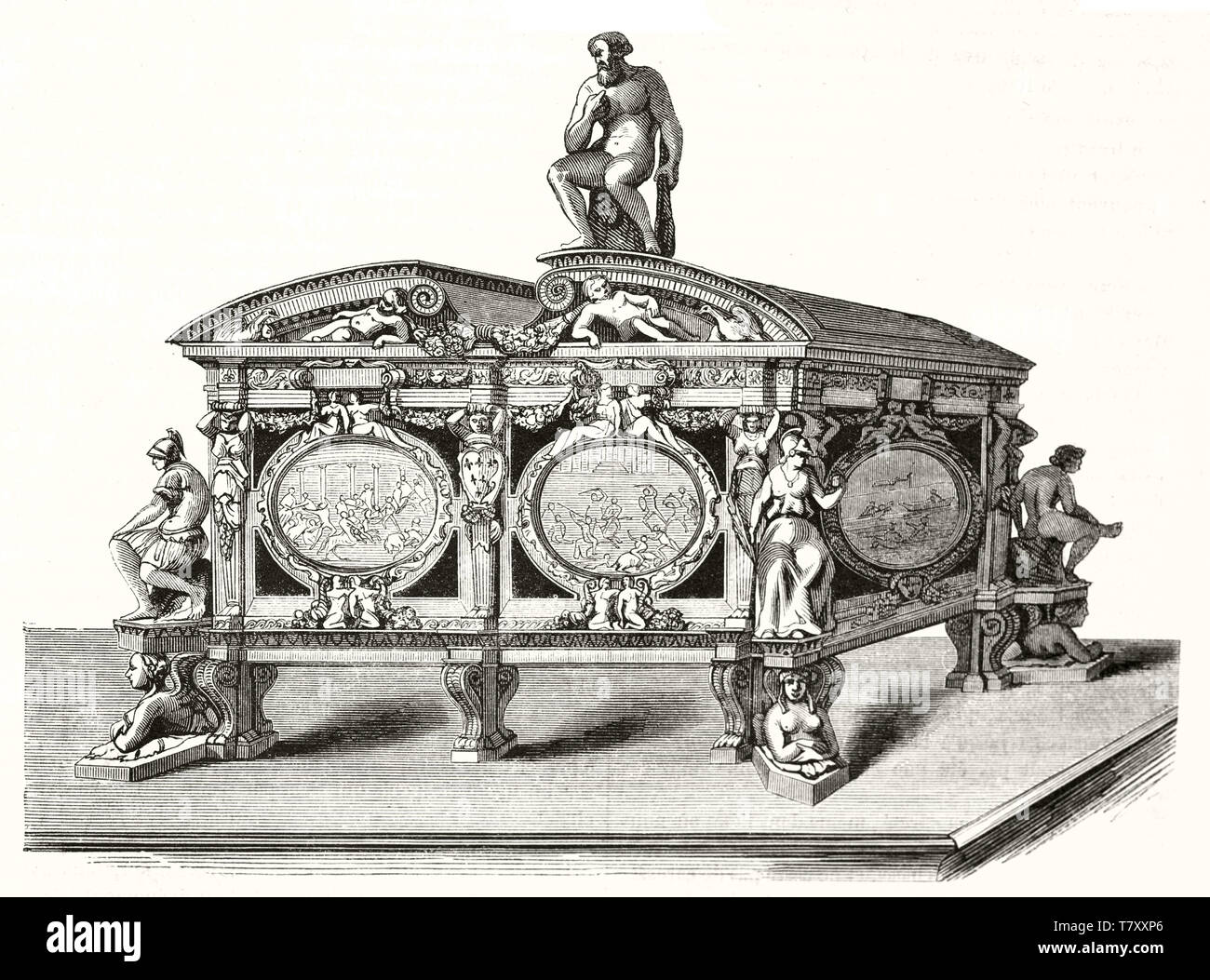 Molto dettagliata e decorato in cristallo e argento scrigno ricco di decorazioni e bassorilievi. Antica incisa la riproduzione da parte di Giovanni Bernardi su Magasin pittoresco Parigi 1848 Foto Stock