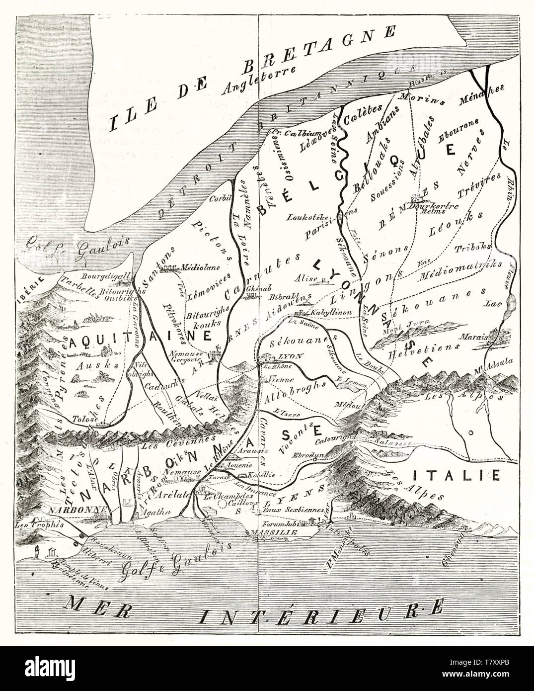 Antico stile di attacco della scala di grigi mappa della Francia in epoca di Augusto. Da Mac Carthy dopo il Greco antico geografo Strabone publ. su Magasin pittoresco Parigi 1848 Foto Stock