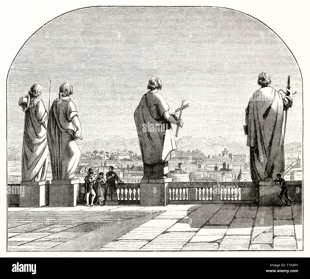 Roma vista panoramica dalla basilica di San Pietro - grande terrazza. Vista posteriore di alta statue di apostoles vicino al piccolo popolo. Lo stile di attacco illustrazione di Frappaz, Magasin pittoresco Parigi 1848 Foto Stock