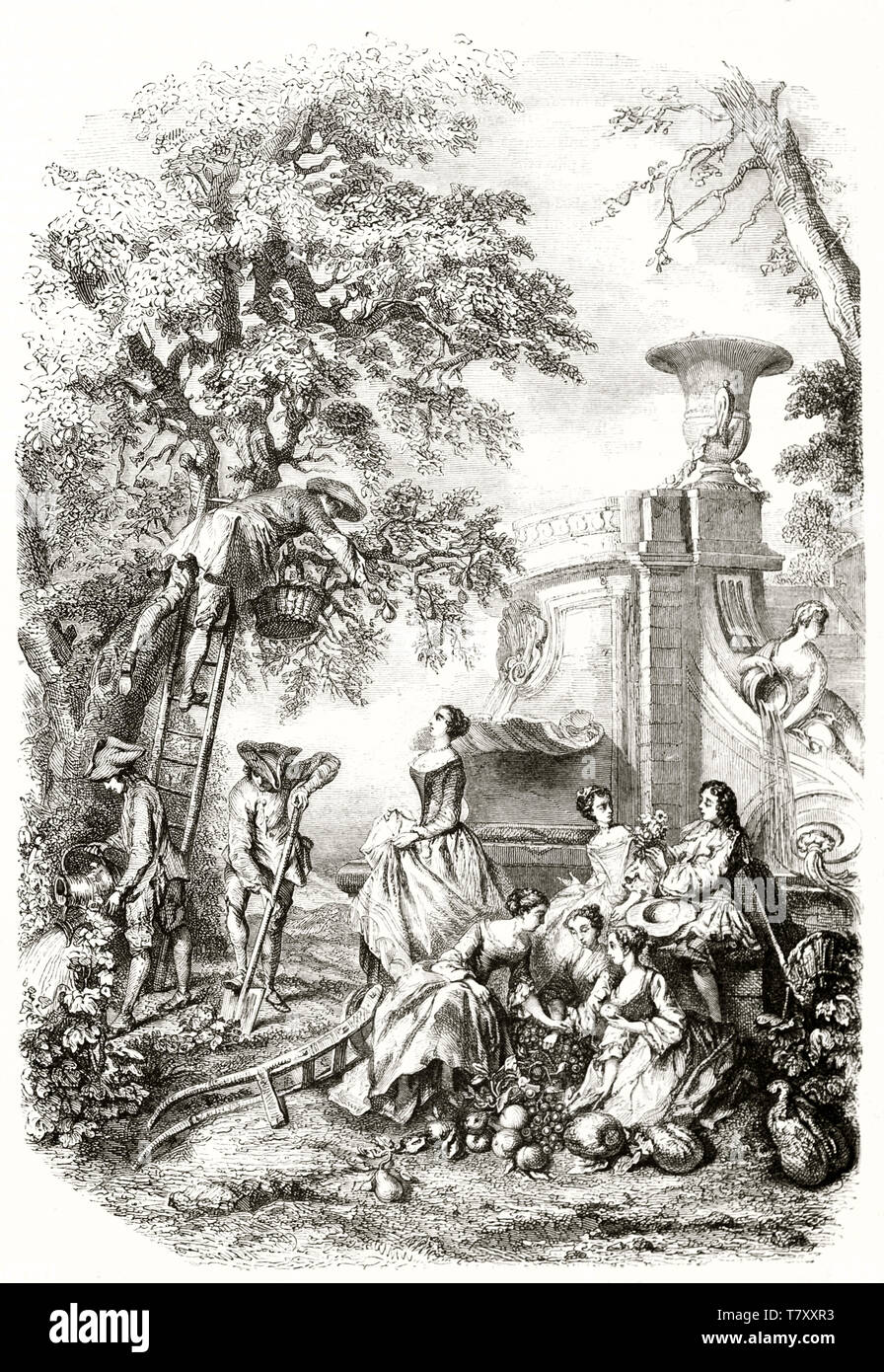 Gruppo di antico popolo elegante. Gli uomini sono il prelievo di pere da un albero mentre le donne sono seduti vicino a un foubntain. Incisi la riproduzione di un dipinto dal titolo il cuore. Magasin pittoresco Parigi 1848 Foto Stock