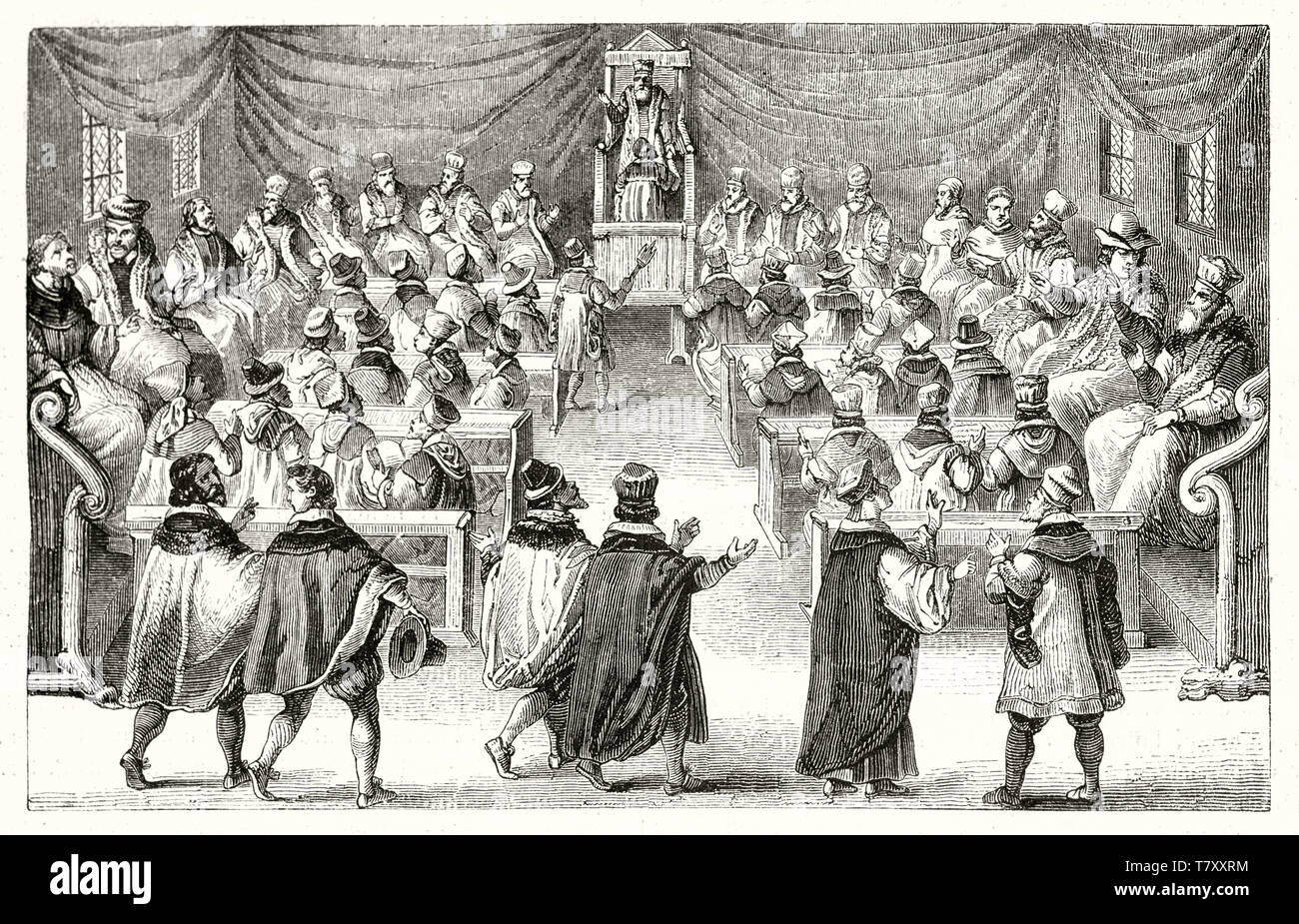 Vista generale di una antica università classe durante il cerimoniale nell Università di Paris xvii secolo. Dopo Crispin de Pas publ. su Magasin pittoresco Parigi 1848 Università di Parigi Foto Stock