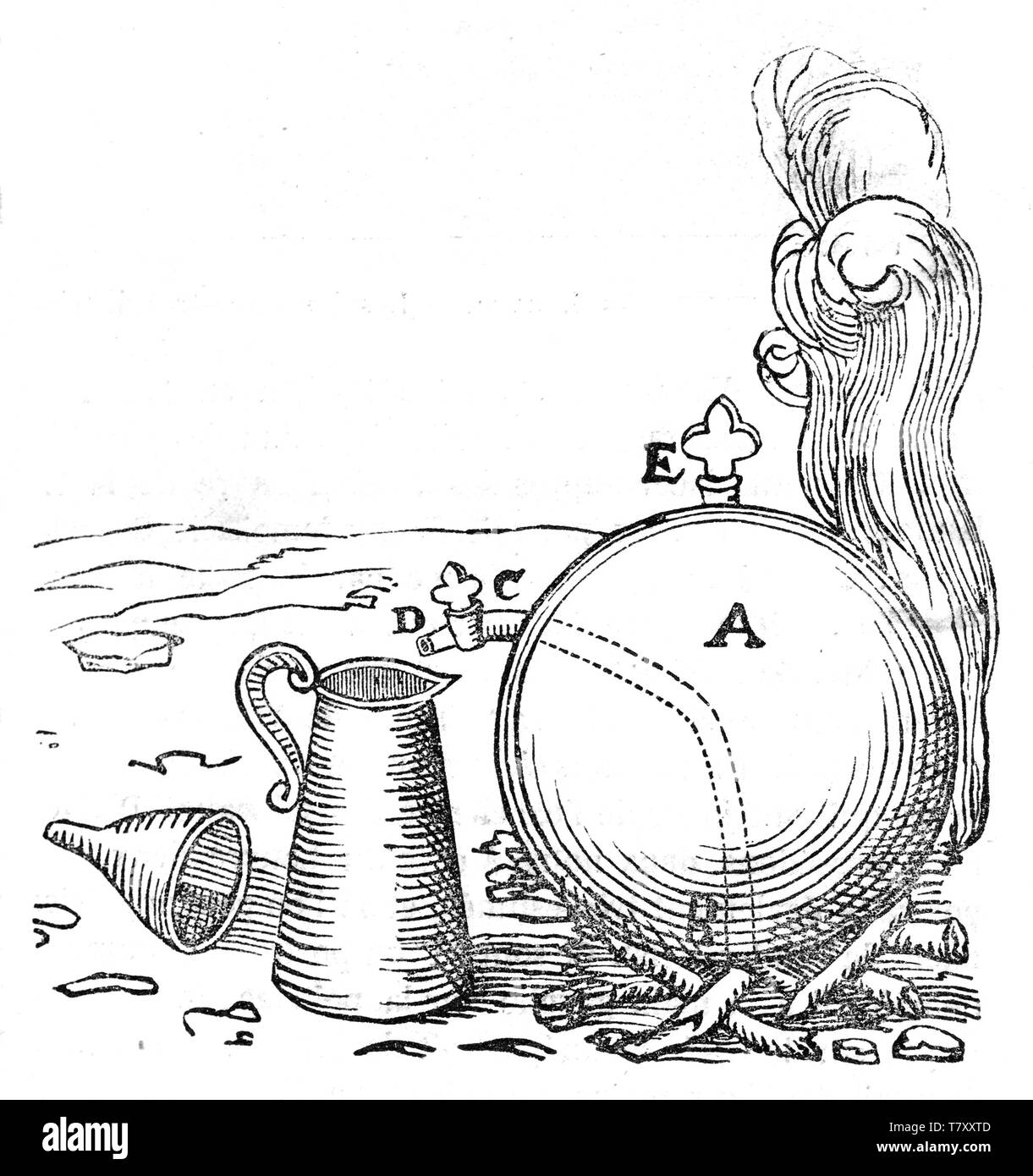 Vecchia illustrazione di un sollevamento di acqua dispositivo sperimentale creato da Salomon de Caus. Semplice schema vintage illustrazione di autore non identificato publ. su Magasin pittoresco Parigi 1848 Foto Stock