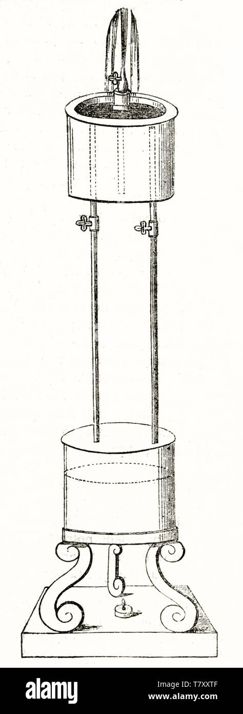 Vecchio verticale singolo isolato illustrazione di un'acqua zampillante macchina creata da Athanasius Kircher. Immagine di autore non identificato publ. su Magasin pittoresco Parigi 1848 sollevamento di acqua Foto Stock