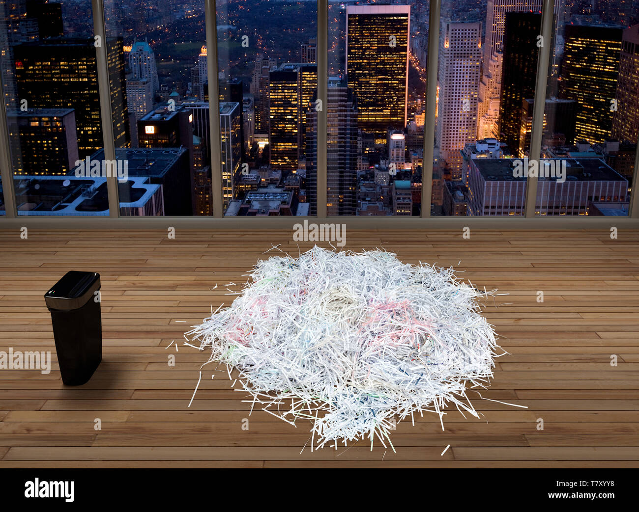 3D rendering di documenti di trinciato in un ufficio vuoto nella città di New York Foto Stock