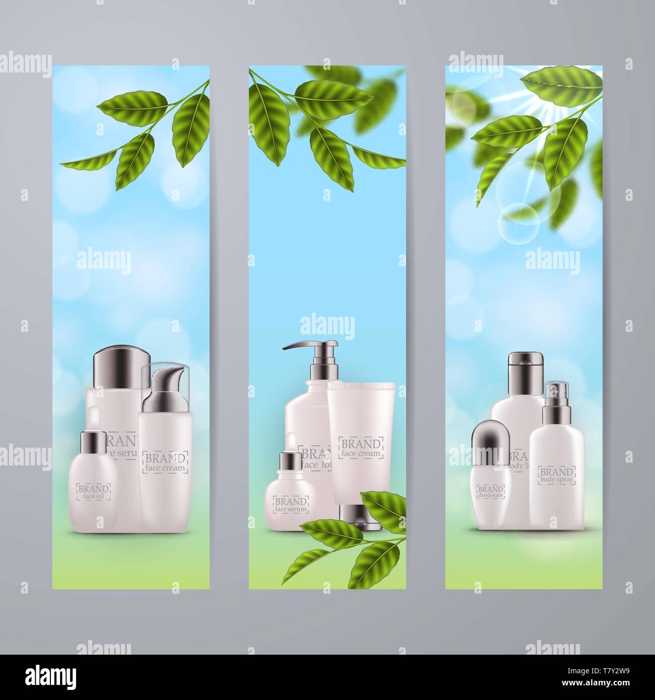 Set di realistica di vetro verde per bottiglie cosmetici eco Illustrazione Vettoriale