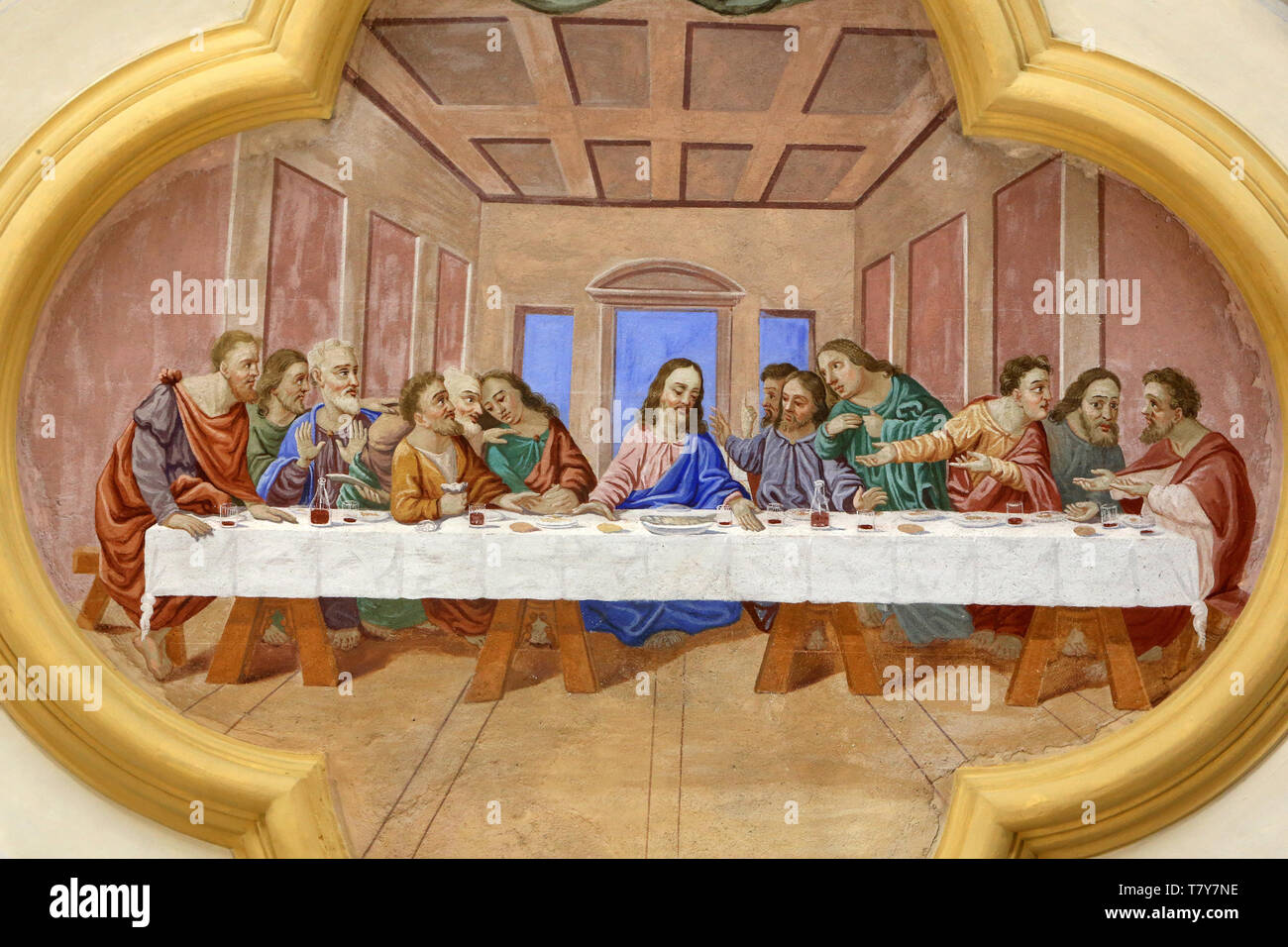 La cène. Dernier repas de Jésus avec les apôtres. Eglise Saint-Nicolas de Véroce. Saint-Nicolas de Véroce. Foto Stock